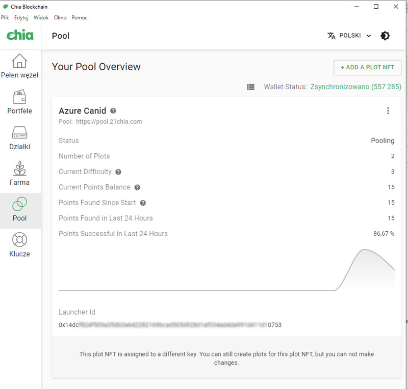 Okno Chia Blockchain z aktywnym farmieniem w pool.